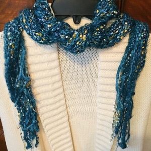 Teal Rayon & Ribbon Fringe Scarf
